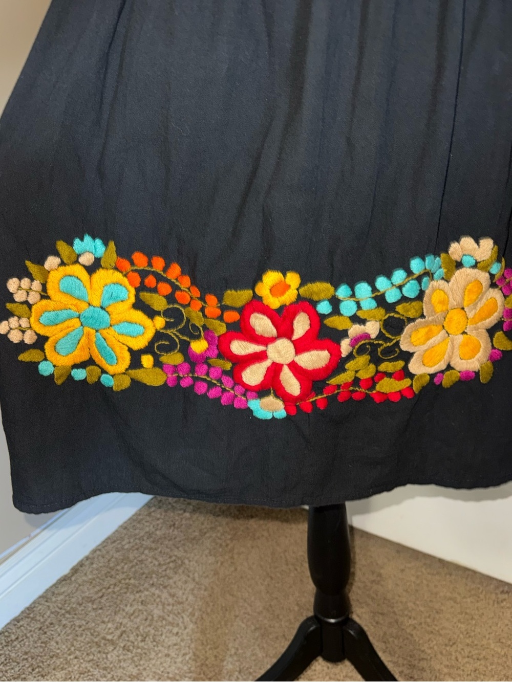 Handmade Embroidered Black Linen Cotton Dress Small Boho Floral - Picture 3 of 11